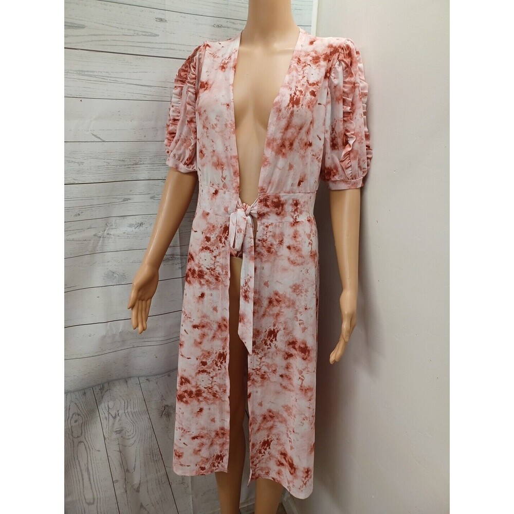 Ember Floral Semi Sheer Robe Cover-up Dress Ruffles Pink M